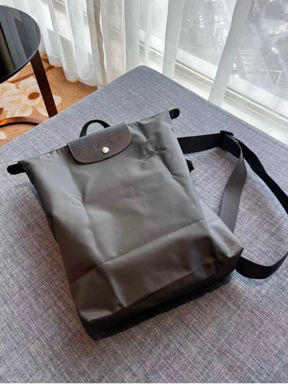 longchamp graphite  Le Pliage Backpack Medium Brown Recycled Canvas Leather Trim